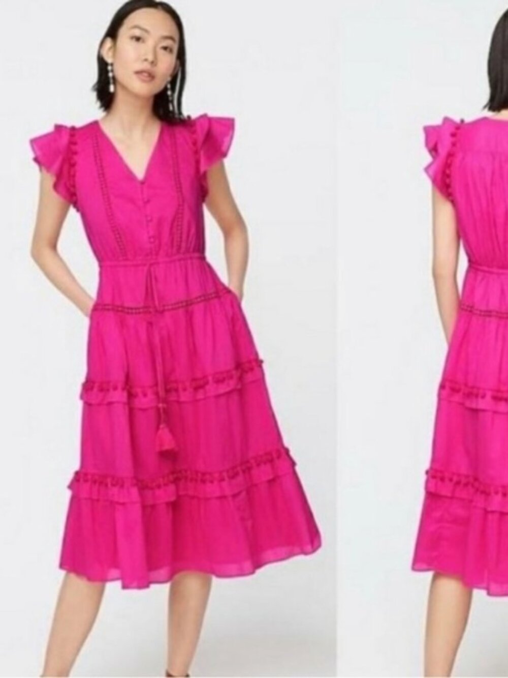 J. Crew Re-Imagined Women's Pink Pom-Pom Tiered Flutter Sleeve Midi Dress Size 6